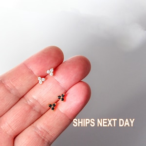 Tiny cz stud earrings, Triangle turquoise stud earrings Three Stones Flower Stud Earrings, Sterling Silver stud earring, Tiny gold stud