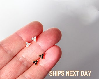 Tiny cz stud earrings, Triangle turquoise stud earrings Three Stones Flower Stud Earrings, Sterling Silver stud earring, Tiny gold stud