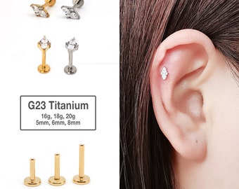 20G/18G/16G Gold Cz Push Pin Labret Stud Titanium - tragus stud - conch earring - tragus - helix - cartilage piercing - Flat Back Stud