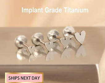 Tiny Titanium Heart Threadless Push Pin Labret, Cartilage Earring, Tragus, Flat Back Earring, Tiny Gold Nose Stud 16G 18G 20G Small Stud