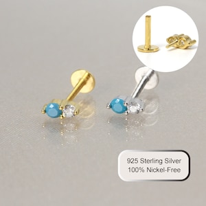 16G kleine turquoise steen labret met inwendig schroefdraad • Oorbel met platte achterkant • Tragusknop • Helixknop • Kraakbeenknop • Neusknop