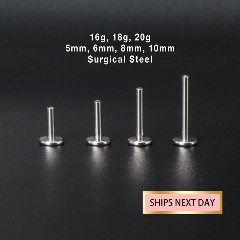 Puede incluir: Tres postes de labio de acero quir&uacute;rgico en diferentes longitudes. Los postes son de 5 mm, 6 mm y 8 mm de largo. 16g, 18g, 20g