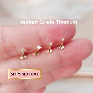 May include: Four gold-colored, star-shaped lip piercing studs. The studs are held in a hand. The text "Implant Grade Titanium" is above the studs.
