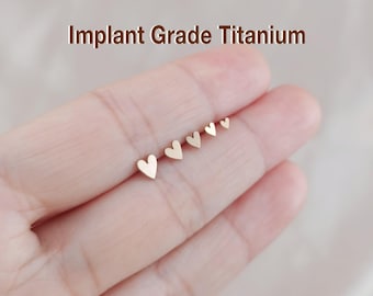 Rose gold Heart Threadless Push Pin Labret, Titanium Cartilage earring, Tragus, Flat Back Earring, Gold Nose Stud 16G 18G 20G Small Stud