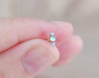 Titanium Opal Stone Climber Threadless Push Pin labret, Curved Opal Flat Back Earring, Cartilage Tragus Conch Helix Nose Stud 16G/18G/20G