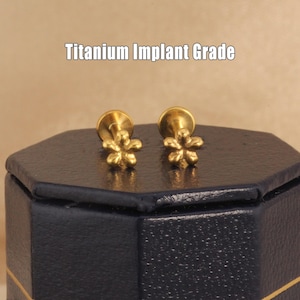 May include: A pair of gold-colored flower stud earrings. The earrings are displayed on a dark blue hexagonal box. The text "Titanium Implant Grade" is above the earrings.