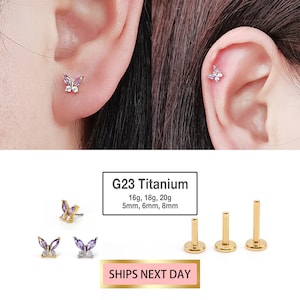 20G/18G/16G Gold Diamond Butterfly Labret Cartilage Studs - tragus stud - conch earring - helix/cartilage piercing - Flat Back Stud