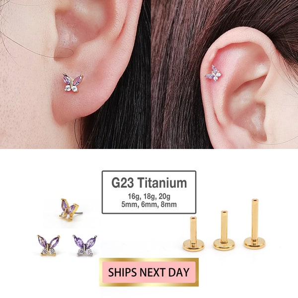 20G/18G/16G Gold Diamond Butterfly Labret Cartilage Studs - tragus stud - conch earring - helix/cartilage piercing - Flat Back Stud