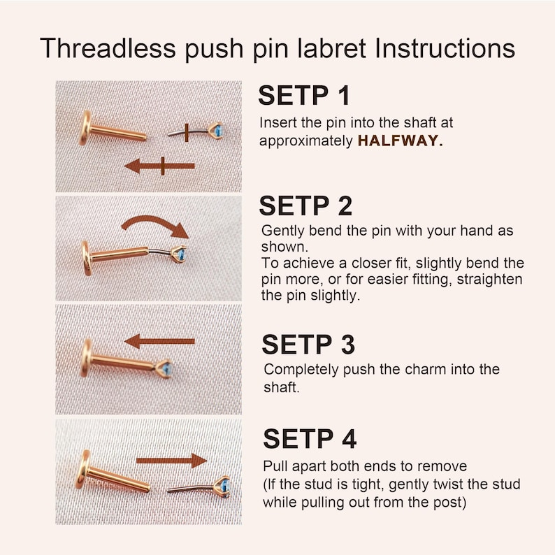 Może przedstawiać: Ilustrowana instrukcja obsługi labretu z wciskanym sztyftem. Kroki pokazują, jak włożyć, zgiąć i zabezpieczyć sztyft oraz jak go wyjąć. Labret jest w kolorze złotym z małym, jasnoniebieskim kamieniem.