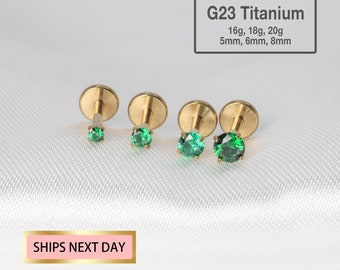 Tiny Emerald Stone Threadless Push Pin Labret Stud, 20G/18G/16G, Flat Back Earring, Nose Stud, Tragus Stud, Implant Grade Titanium