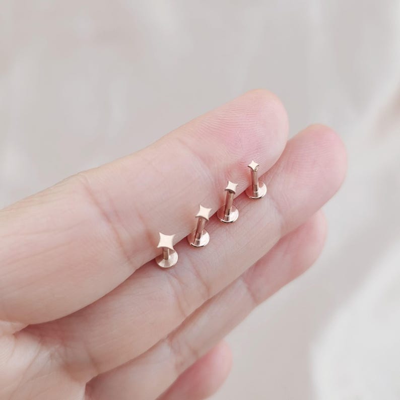 Titanium Tiny Star Threadless Push Pin Labret, 16G 18G 20G Cartilage earring, Tragus, Flat Back Earring, Tiny Gold Star Nose Stud image 8