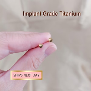 May include: A pair of small, gold-coloured stud earrings with a cone-shaped design. The earrings are held between fingers. The text "Implant Grade Titanium" is above the earrings.