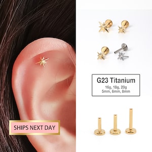Tiny Star Stud 20G/18G/16G Push Pin Labret Stud - clou tragus - boucle d'oreille conque - piercing hélix/cartilage - clou à dos plat disque