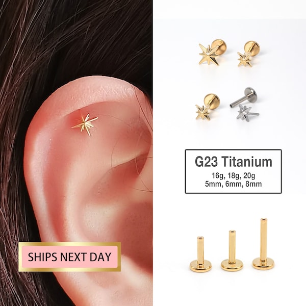 20G/18G/16G Tiny Star Stud Push Pin Labret Stud - tragus stud - conch earring - helix/cartilage piercing - Disc Flat Back Stud