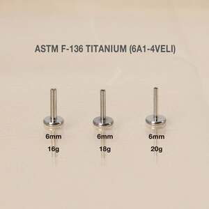 May include: Three titanium body jewelry pieces, each with a 6mm length and a flat disc base. The pieces are shown in 16 gauge, 18 gauge, and 20 gauge sizes. The text "ASTM F-136 TITANIUM (6A1-4VELI)" is displayed above the jewelry.