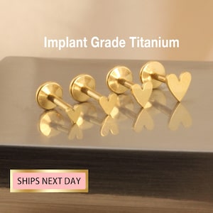 Petit labret à épingles sans filetage coeur en titane, boucle d'oreille cartilage, tragus, boucle d'oreille à l'arrière plat, petit clou de nez en or 16G 18G 20G