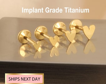 Tiny Titanium Heart Threadless Push Pin Labret, Cartilage Earring, Tragus, Flat Back Earring, Tiny Gold Nose Stud 16G 18G 20G Small Stud