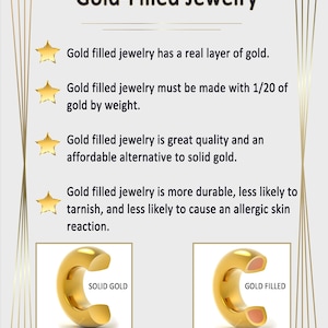 Puede incluir: Un gr&aacute;fico informativo titulado Gold-Filled Jewelry con cuatro puntos marcados por estrellas doradas. Explica que la joyer&iacute;a gold-filled contiene una capa real de oro, espec&iacute;ficamente 1/20 del peso. Dos diagramas comparan un anillo de oro s&oacute;lido con uno gold-filled.