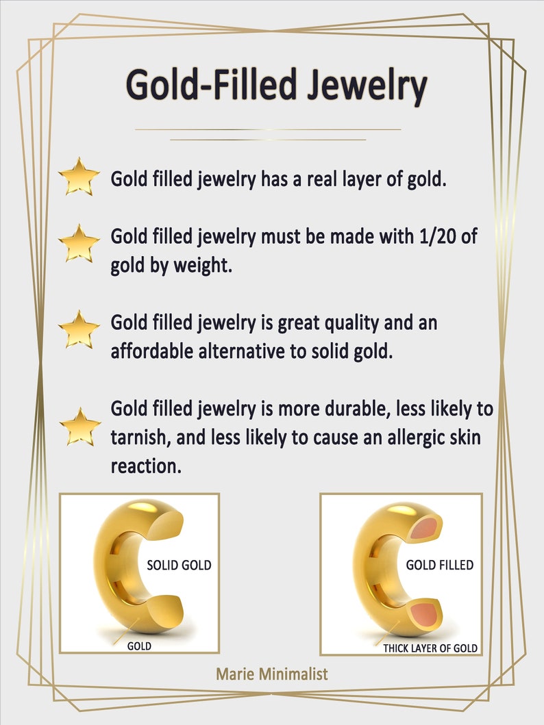 Puede incluir: Un gr&aacute;fico informativo titulado Gold-Filled Jewelry con cuatro puntos marcados por estrellas doradas. Explica que la joyer&iacute;a gold-filled contiene una capa real de oro, espec&iacute;ficamente 1/20 del peso. Dos diagramas comparan un anillo de oro s&oacute;lido con uno gold-filled.