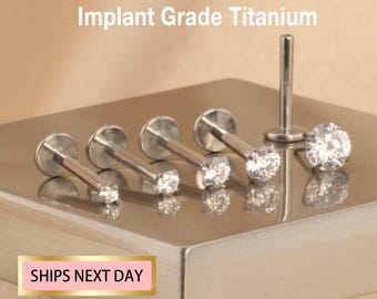 16G/18G/20G Titanium CZ Threadless Push Pin Labret, Flat Back Earrings, Tragus stud, Cartilage stud, Nose Stud, Small stud 1.5, 2,2.5,3,4mm