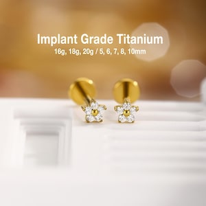 May include: Two gold-tone stud earrings featuring a flower-shaped design with clear stones. The text Implant Grade Titanium 16g, 18g, 20g / 5, 6, 7, 8, 10mm is visible above the earrings, which have a flat back post and a central gold-tone dot.
