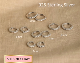 Silver Huggie Hoop Earrings, Dainty Hoop Earrings, Cartilage hoop, Silver paved ring hoop, Tragus hoop, Small helix hoop, Stacking hoop set