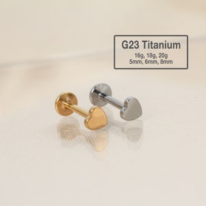 20G/18G/16G Tiny Heart Labret Flat Back Stud Titanium - clou tragus - boucle d'oreille conque - tragus - hélice - piercing de cartilage - clou de nez