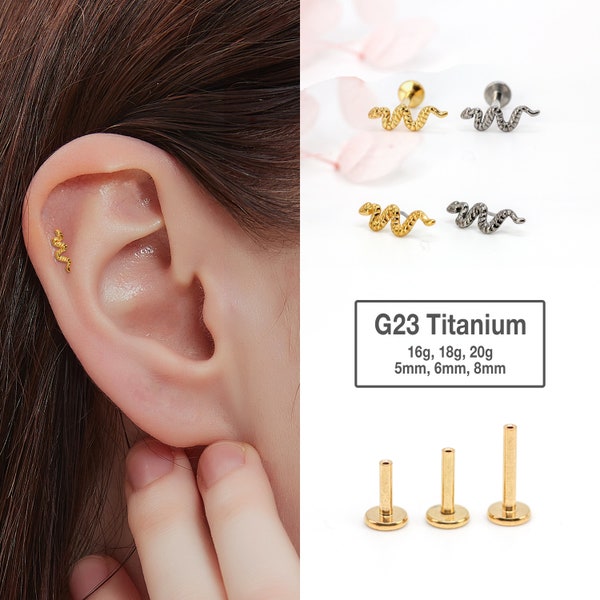 20G/18G/16G Tiny Snake Labret Flat Back Stud Titanium - tragus stud - conch earring - tragus - helix - cartilage piercing - Nose Stud