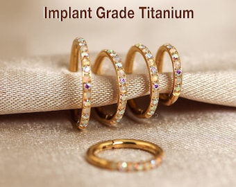 16G/18G/20G Titanium Rainbow CZ + Fire Opal Hinged Clicker Hoop, Nose Hoop, Opal Nostril ring, Diamond Hoops, Nose Ring, CZ Paved Hoops