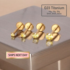 Tiny Citrine Cz Stone Threadless Push Pin Labret Stud, 20G/18G/16G, Flat Back Earring, Nose Stud, Tragus Stud, Implant Grade Titanium