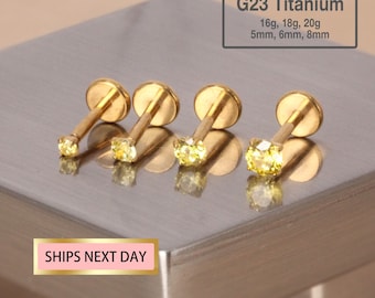 Tiny Yellow Cz Stone Threadless Push Pin Labret, 20G/18G/16G, Flat Back Earring, Nose Stud, Tragus Stud, Cartilage Helix Stud, Small stud