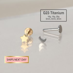 Mini clou labret sans fil Shine Star and Moon 20G/18G/16G - Boucle d'oreille cartilage lune - Tragus/Helix/Conque - Boucles d'oreilles à fond plat