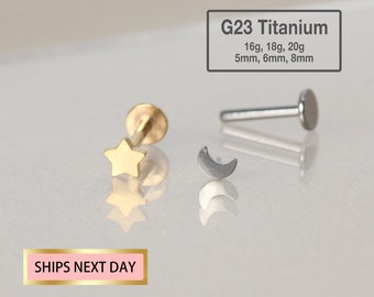 20G/18G/16G Mini Shine Star y Moon Threadless Push Pin Labret Stud - Pendiente de cartílago lunar - Tragus/Helix/Conch - Pendientes FlatBack
