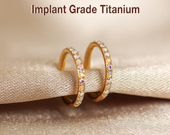 16G/18G/20G Titanium Rainbow CZ + Fire Opal Nose Hoop, Opal Nostril ring, Diamond Hoops, Nose Ring, CZ Paved Hoops, Opal Hinged Clicker Hoop