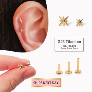 Boucle d'oreille cartilage étoile en or 20 g/18 g/16 g • Clou labret à épingles • clou tragus étoile • boucle d'oreille conque • tragus • hélice • minimaliste • DOS PLAT