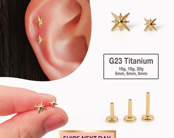 Boucle d'oreille cartilage étoile en or 20 g/18 g/16 g • Clou labret à épingles • clou tragus étoile • boucle d'oreille conque • tragus • hélice • minimaliste • DOS PLAT