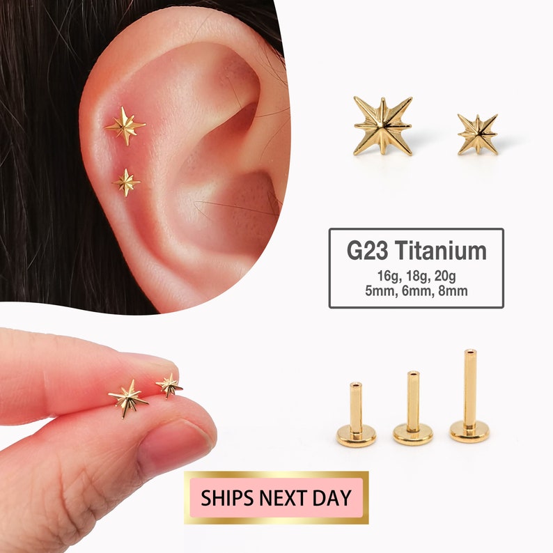 20G/18G/16G Gold Star Cartilage Earring Push Pin Labret Stud Star tragus stud conch earring tragus helix minimalist FLAT BACK image 1