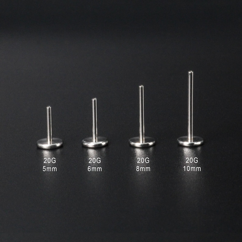 Puede incluir: Cuatro tachuelas de joyer&iacute;a corporal plateadas de diferentes longitudes, etiquetadas 20G 5mm, 20G 6mm, 20G 8mm y 20G 10mm.