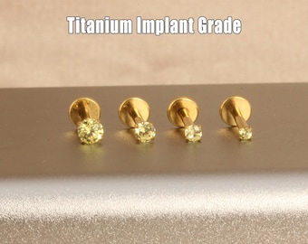 20G/18G/16G Titanium Tiny Yellow Cz Stone Threadless Push Pin Labret, Flat Back Earring, Nose Stud, Tragus Stud, Small Cartilage Helix Stud