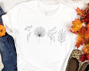 Minimalist Floral Line Art Tee, Botanical Shirt