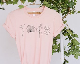 Minimalist Floral Print Tee, Botanical Line Art Shirt