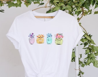 Perfume Graphic Tee, Floral Perfume Bottles, Feminine Shirt