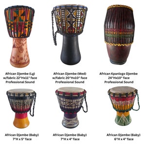 May include: Six different sizes of African Djembe drums. The drums are made of wood and have a variety of colors and patterns. The drums are all in a row, with the largest drum on the left and the smallest drum on the right. The drums are all in focus and the background is white.