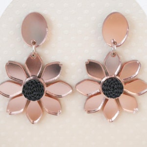 Cape daisy laser cut earrings with black paper center, Floral handmade unique mirror acrylic statement jewelry, gifts for her