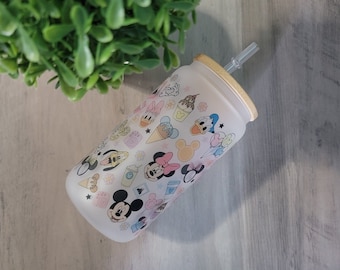 Park Snacks glass cup, Frosted 16oz glass iced coffee cup lid straw, Mouse Snacks, Theme park snacks, Park essentials, Snacks iced cup