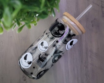 Jack Skellington glass cup, Clear coffee cup, Glass iced coffee cup lid and straw, 20 oz coffee glass, Beer can glass, Halloween Tumbler cup