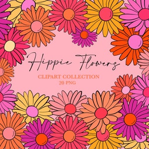 Hippie clipart Set, Hippie png, 70s flowers, Retro clipart, 90s Clipart, Flower power, groovy, psychedelic, Boho, Hippie Girl, Woman, Retro
