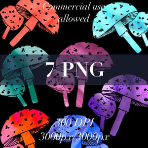 Clipart di funghi, funghi acquerello, funghi png, fungo velenoso in formato SVG, set di clipart di rospi, uso commerciale, rosa, neon, arancione, blu, menta, rosso