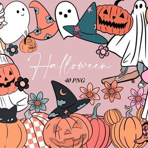 Hippie Halloween clipart, groovy Halloween clipart, zestaw retro clipartów, Boho Halloween PNG, jesienne boho cliparty, boho jesień zestaw clipartów, czerwony
