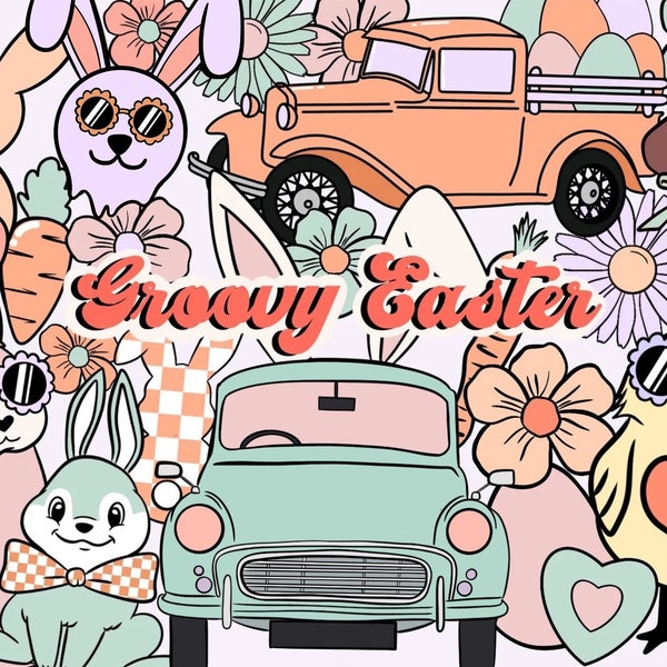 Groovy easter clipart, hippie easter clip art, easter bunny png, easter egg png, groovy chick clipart, commercial use, easter truck clipart